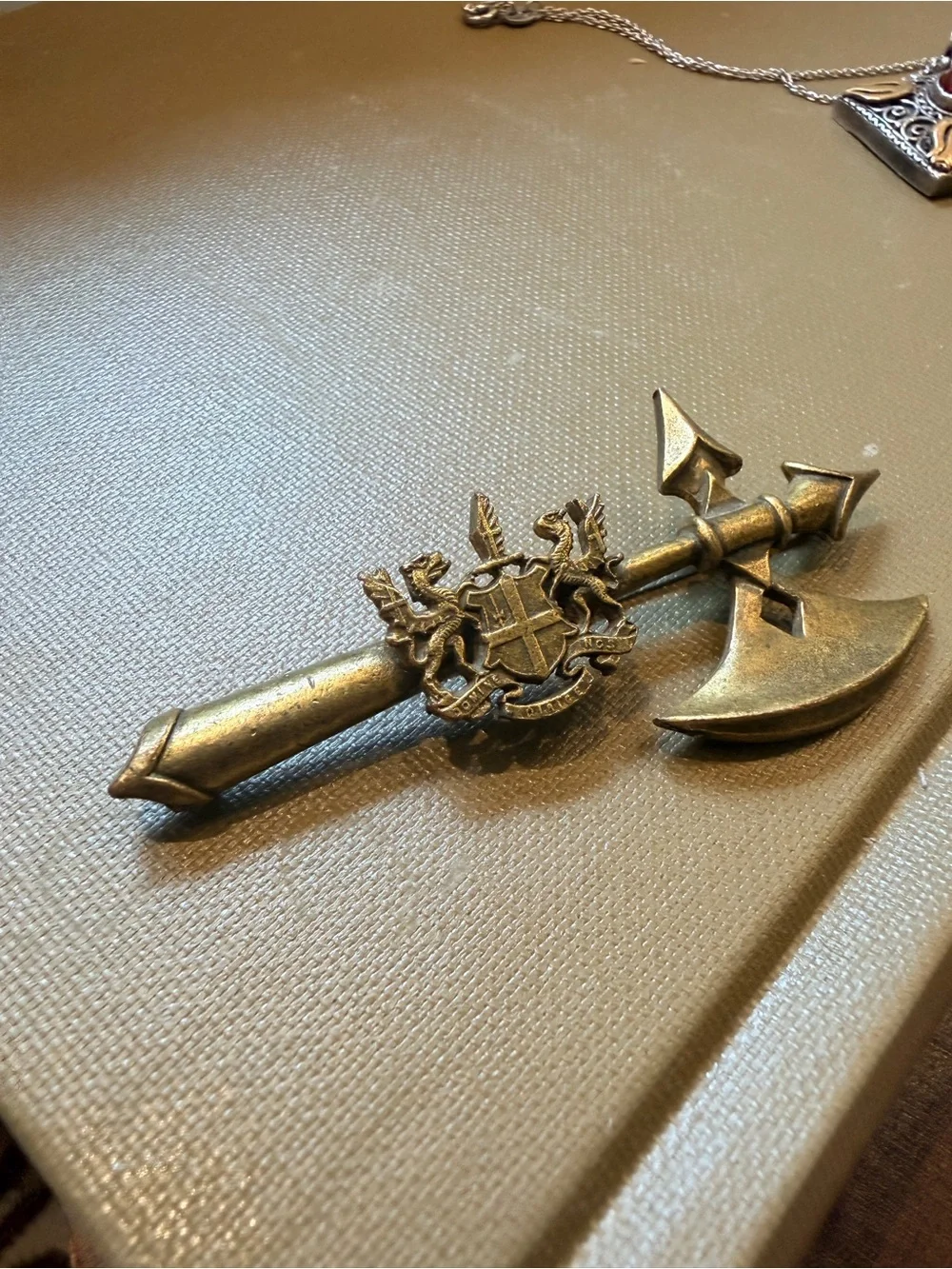 Vintage Coro Heraldic Battle Axe Brooch Pin Medieval Coat of Arms Gold Tone